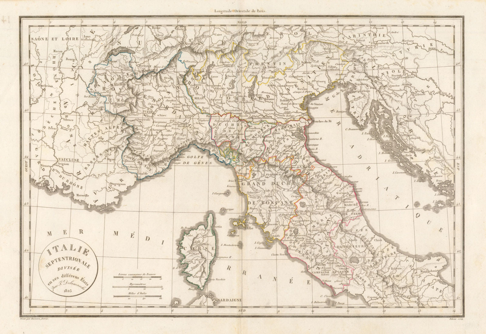 'Italie Septentrionale divisée en ses différens États'. DELAMARCHE 1823 map
